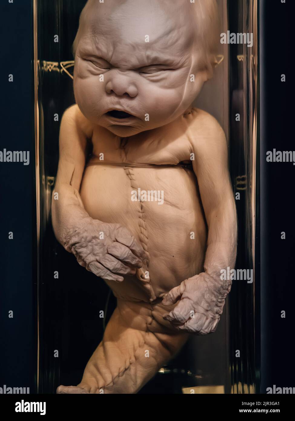 Sample of human fetus with anatomical abnormalities in jar of formaldehyde in cabinet of curiosities close up. Stock Photo