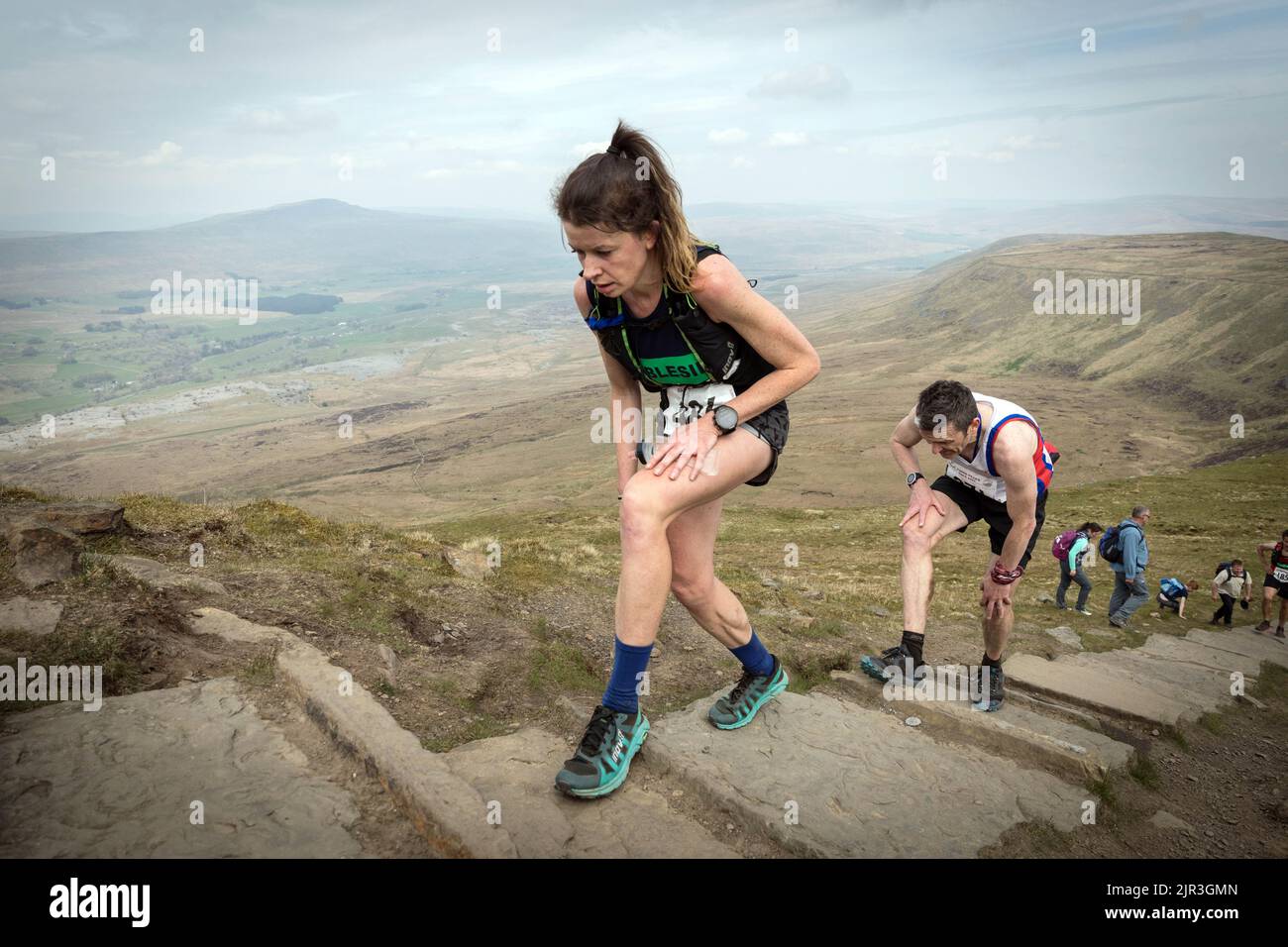 Sarah McCormack was the leading female runner on the ascent of Ingleborough, the final of the Three Peaks on the route Stock Photo