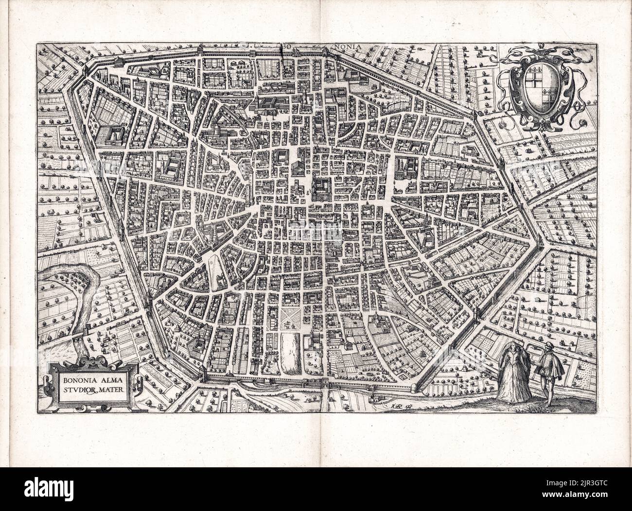 Simon Novellanus, Joris Hoefnagel (engravers) Bononia alma studior mater (Bologna nourishing mother of the study) 1588. Spread page of the fourth volu Stock Photo