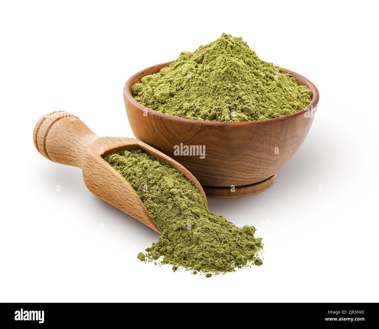 Wooden scoop and bowl full of matcha powder isolated on white Stock Photo