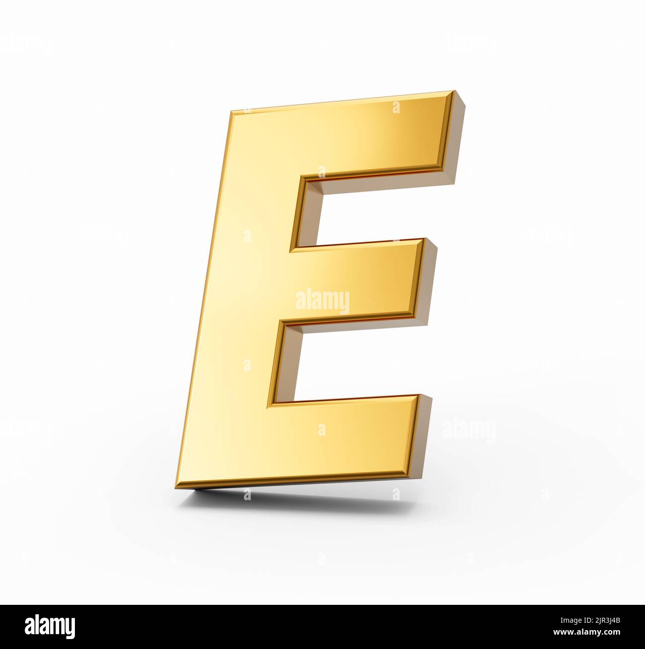 A 3D illustration of a golden alphabet letter E on a white isolated ...