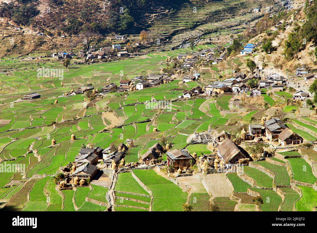 Dogadi village with terraced rice or paddy field - beautiful village in Western Nepal Stock Photo