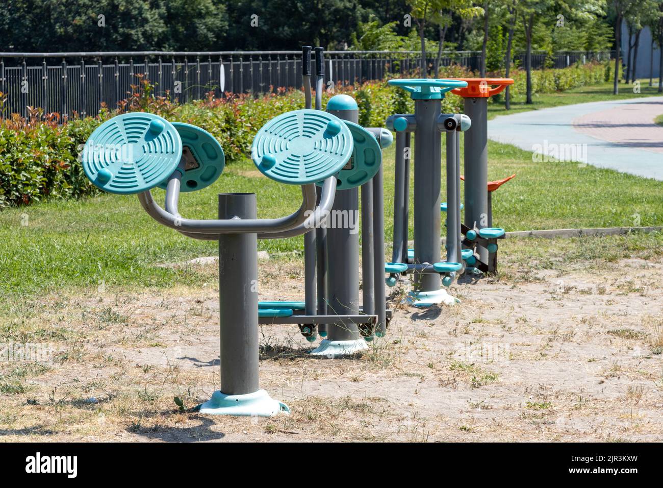 Conditioning and sports equipment in the public park outdoors. Stock Photo