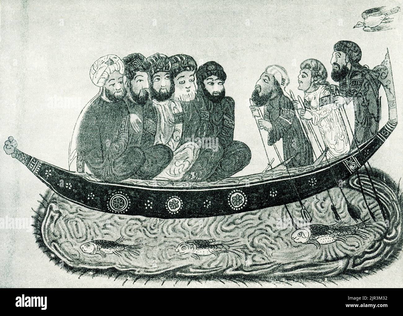 The caption for this 1910 image reads: “Persians and Turks - a miniature from the Maqamat al-Hariri.  Parisian handwriting.” Al-Hariri of Basra (1054 –1122) was an Arab poet, scholar of the Arabic language and a high government official of the Seljuks. He is best known for writing Maqamat al-Hariri (also known as The Assemblies of al-Hariri), consisting of 50 anecdotes written in stylized prose, which was once memorized by heart by scholars, and Mulhat al-i'rab fi al-nawh, an extensive poem on grammar. Stock Photo