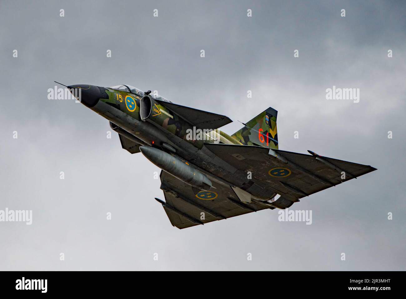 Saab Sk 37E Viggen from the Swedish Air Force Historic Flight performs a low level flypast at