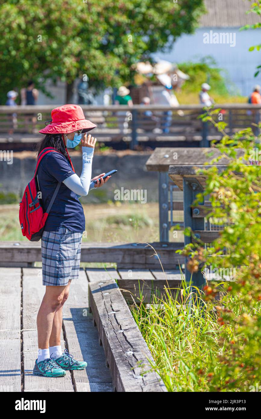 Young girl in a red hat checking her mobile phone at the Steveston Maritime Festival in British Columbia Canada Stock Photo