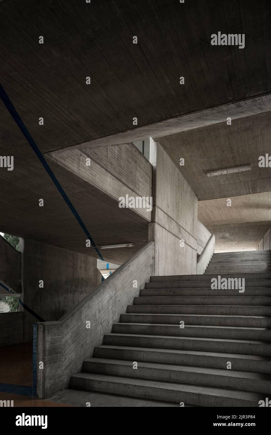 modern concrete architecture cement building brutalist , stairs of an institution or school, Stock Photo