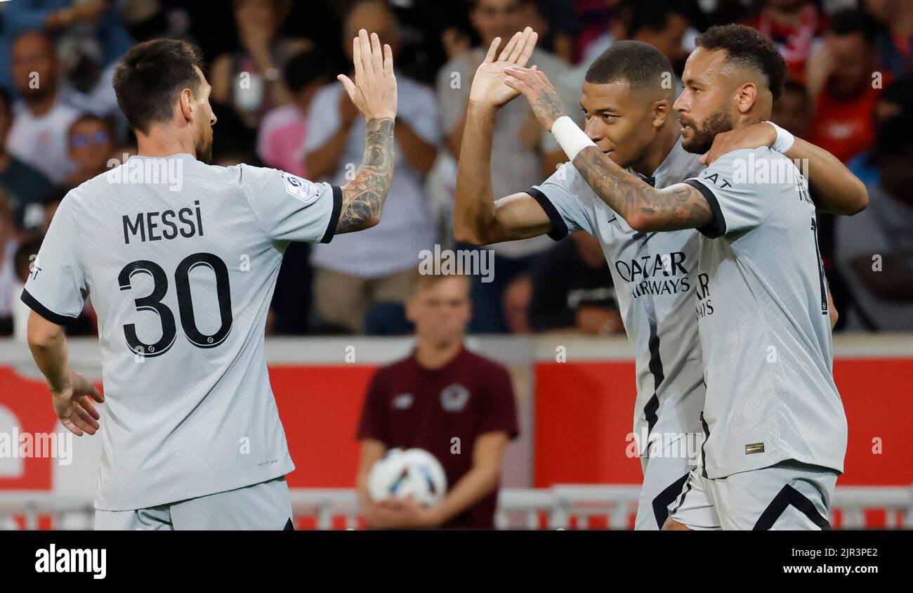 Lille, France. 21st Aug, 2022. Paris Saint-Germain's Lionel Messi, Kylian Mbappe and Neymar (L to R) celebrate scoring during a French Ligue 1 football match between Lille and Paris Saint-Germain (PSG) at Stade Pierre-Mauroy in Villeneuve-d'Asq, northern France, Aug. 21, 2022. Credit: Rit Heize/Xinhua/Alamy Live News Stock Photo