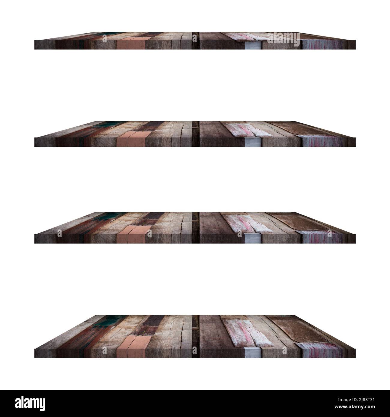 4 old wood shelves table isolated on white background and display montage for product. Stock Photo