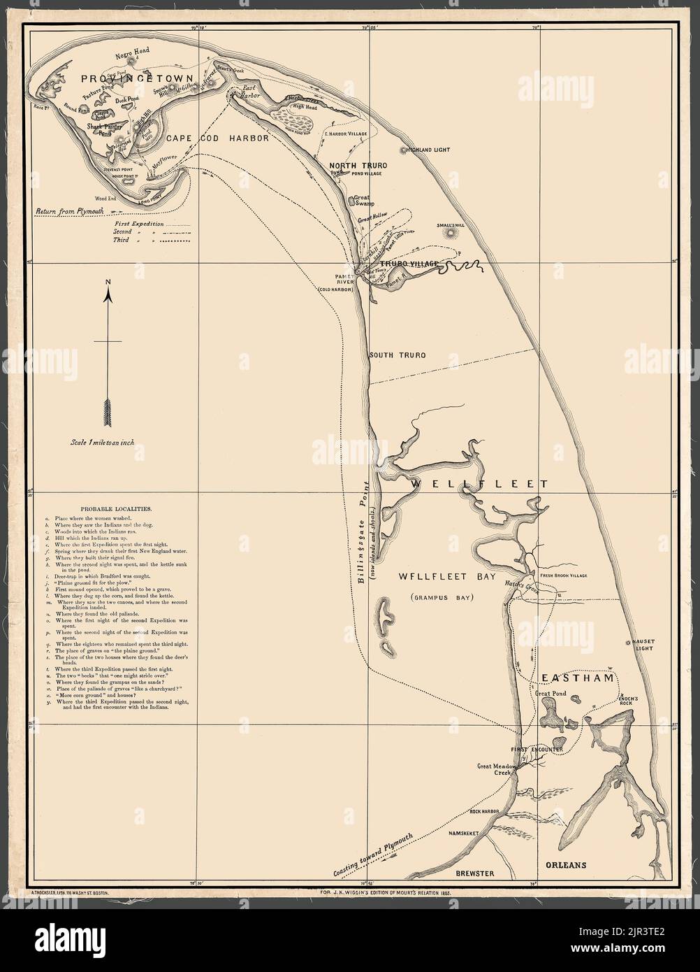 Restored, enhanced, reproduction of a map of Cape Cod form 1865 that was intended to accompany an account of the Mayflower interactions with the indigenous people of the area. Left side of this document is a table labeled 'Probable Localities.' It lists the locations of key events in the account of the Mayflower pilgrims' exploration of Cape Cod. Stock Photo