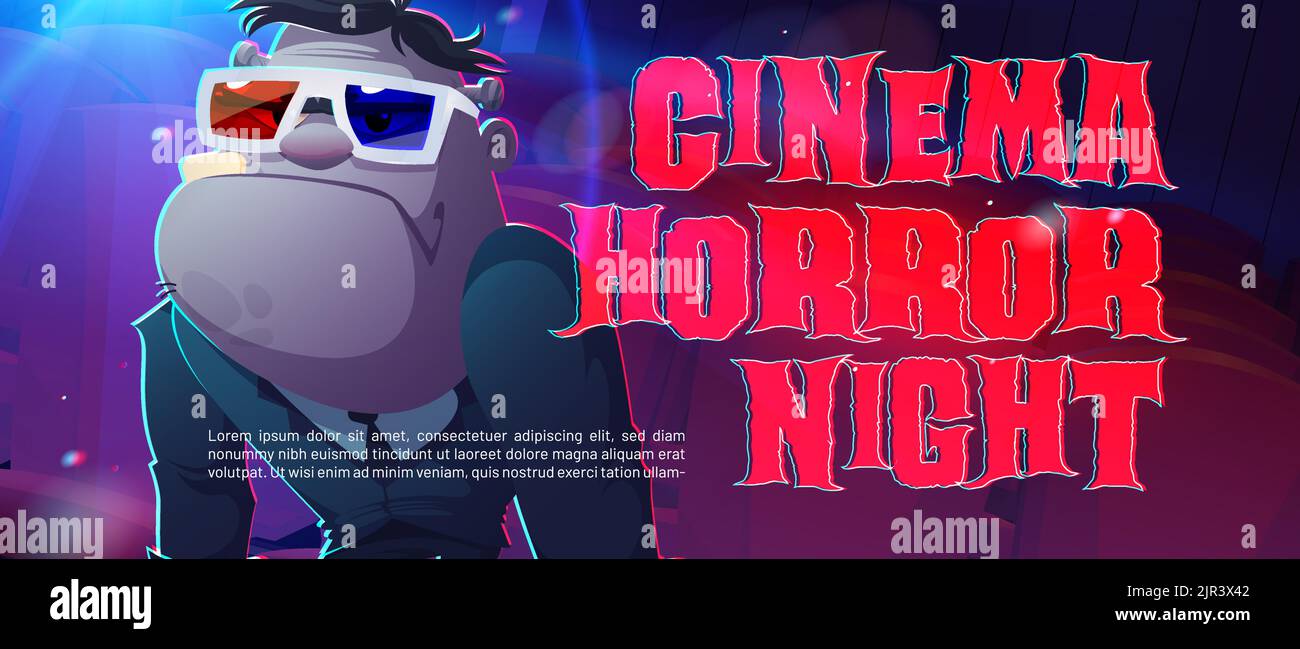 Cinema horror night banner with zombie character in 3d glasses. Vector poster of Halloween film festival with cartoon illustration of creepy monster and glitch effect of type Stock Vector