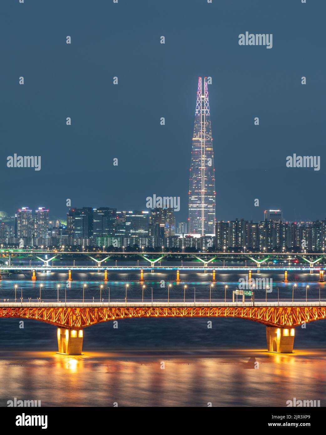 Panoramic Night view of Lotte World Tower skyscraper and Han River in Seoul South Korea on 19 August 2022 Stock Photo