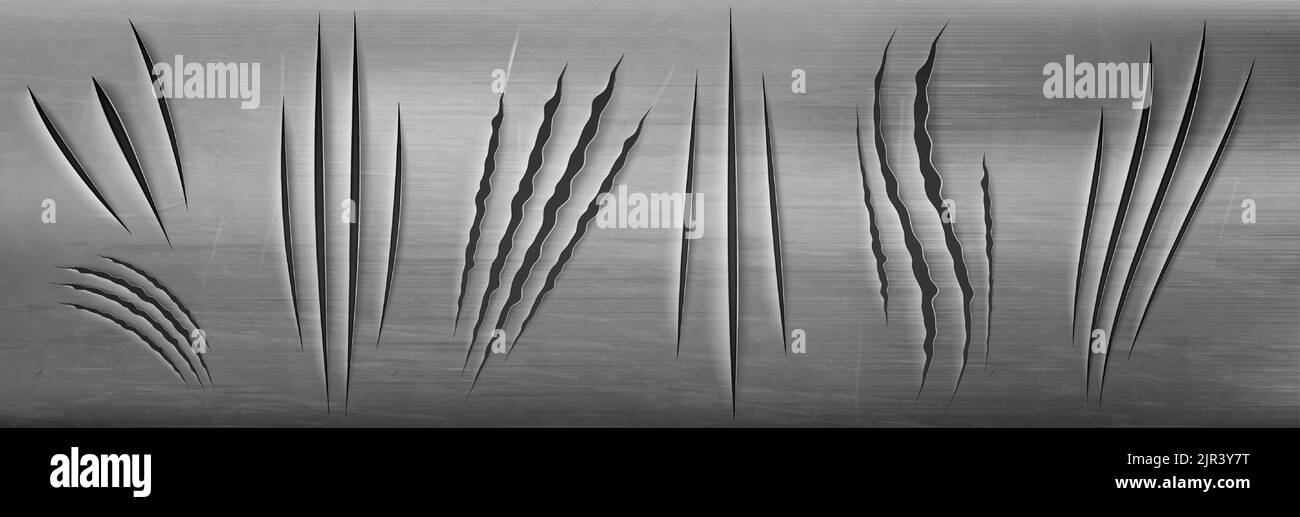 Claw marks on metal wall, monster talon scratches on metallic surface, wild animal nail slashes, paw rips, sherds on grey background. Beast breaks, traces texture, Realistic 3d vector illustration Stock Vector