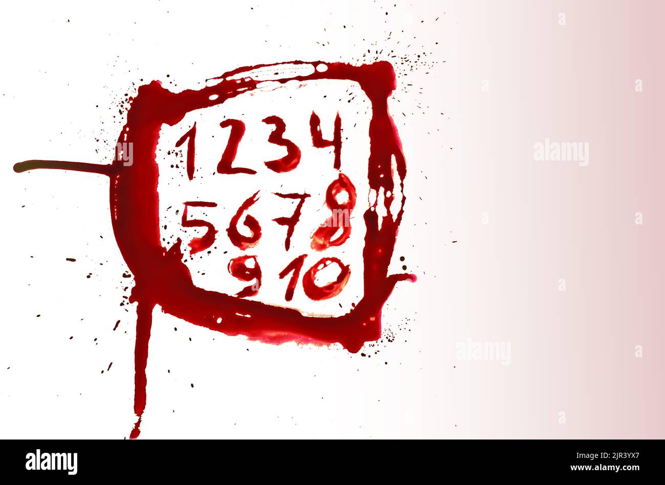 numbers written in blood.bloody numbers in a red bloody frame made of bloody smudges and drops. Horror and crime. Crime alphabet. Stock Photo