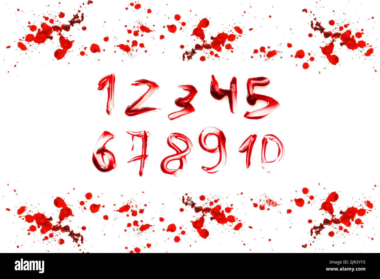 bloody numbers in a red frame made of bloody drops.numbers written in blood. Horror and crime.Halloween alphabet. Crime alphabet. Stock Photo