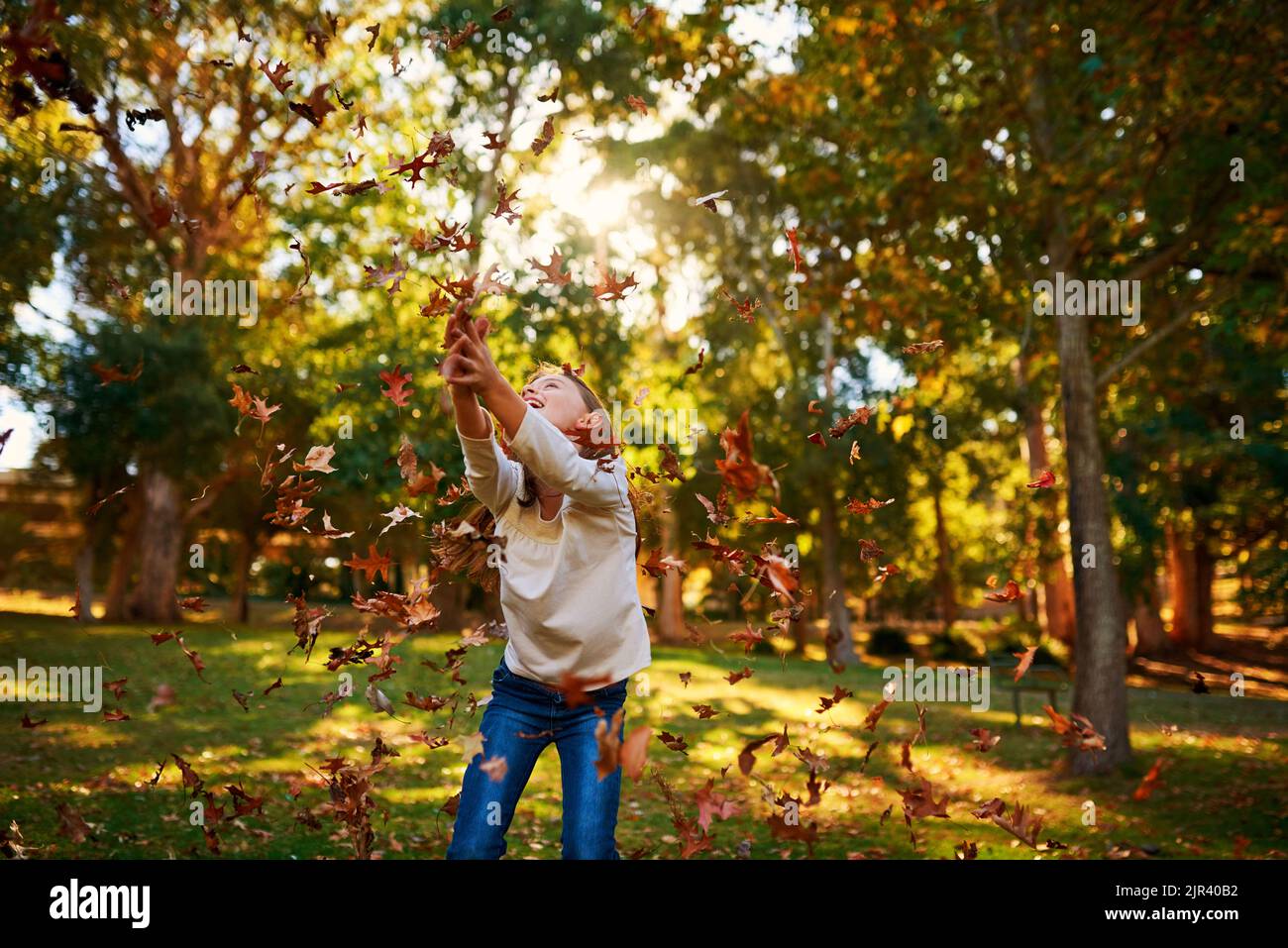 And the leaves came tumbling down. a happy little girl playing in the autumn leaves outdoors. Stock Photo