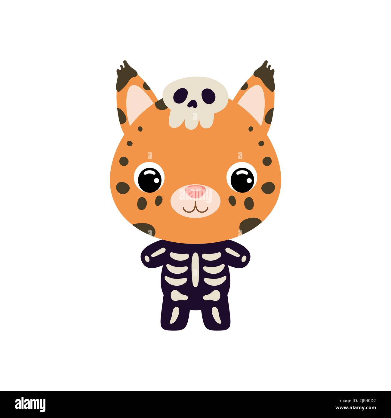Cute little Halloween lynx in a skeleton costume. Cartoon animal character for kids t-shirts, nursery decoration, baby shower, greeting card, invitati Stock Vector