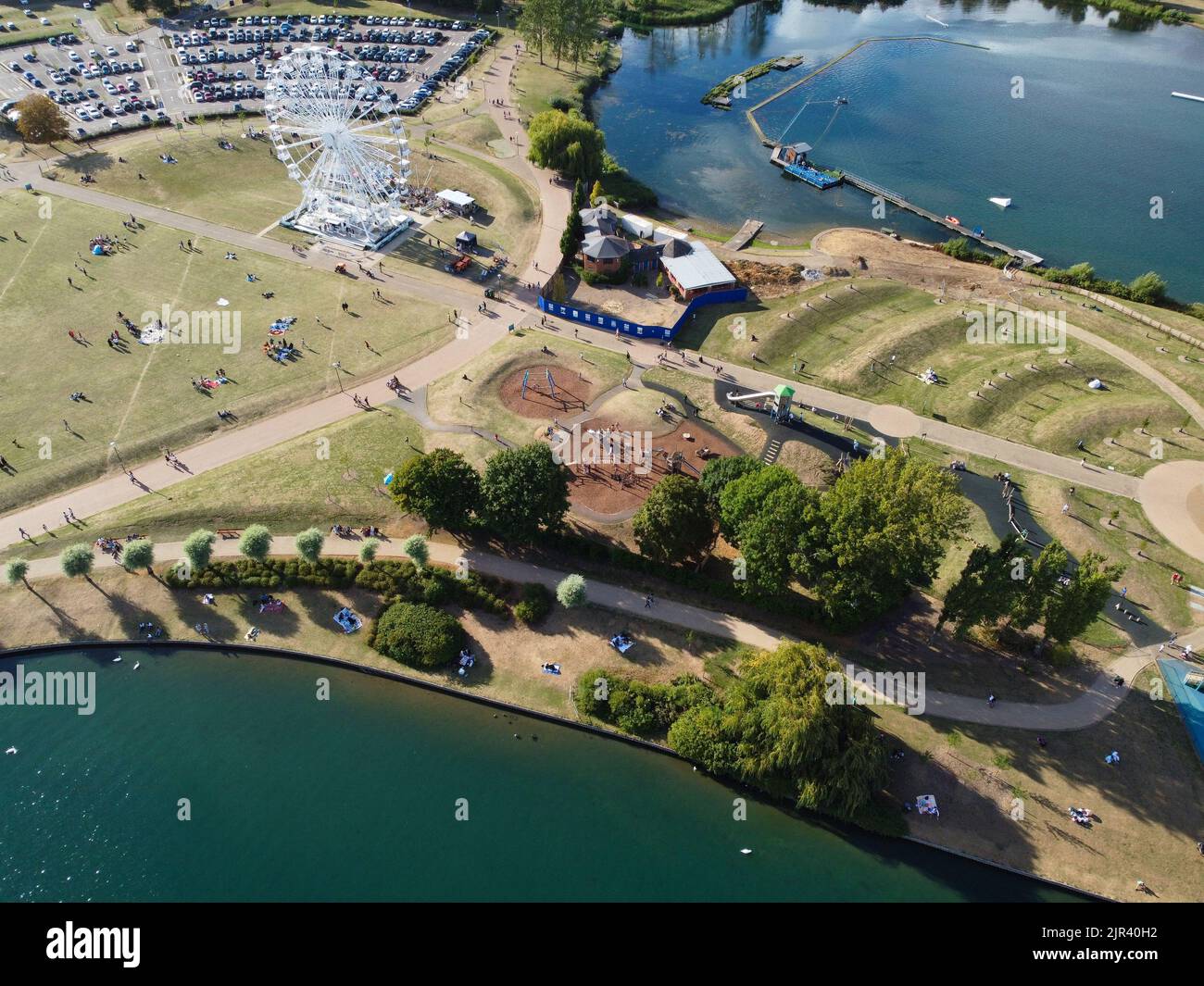 Aerial View of Beautiful Lake at Milton Keynes with People. Water