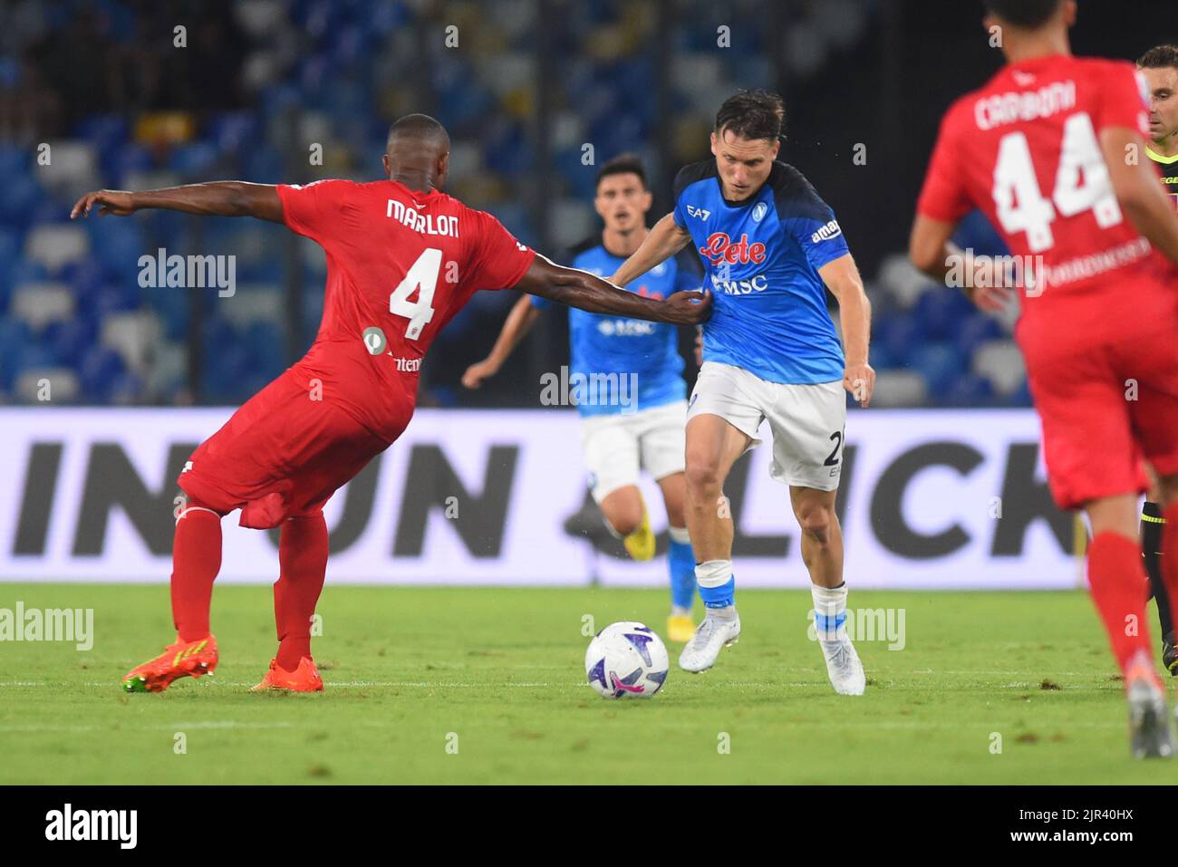 Naples, Italy. 21st Aug, 2022. Piotr Zieli?ski (SSC Napoli) and Marlon ( AC Monza) e during the Naples, Italy. 21st Aug, 2022. Piotr Zieli?ski (SSC Napoli) and Marlon ( AC Monza) e during the