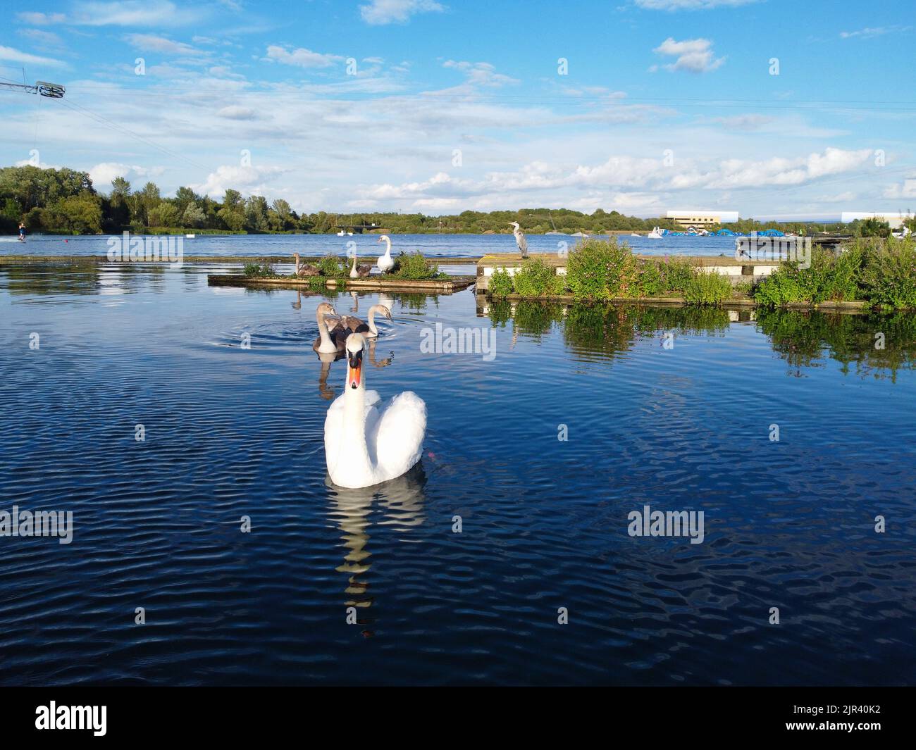 Aerial View of Beautiful Lake at Milton Keynes with People. Water