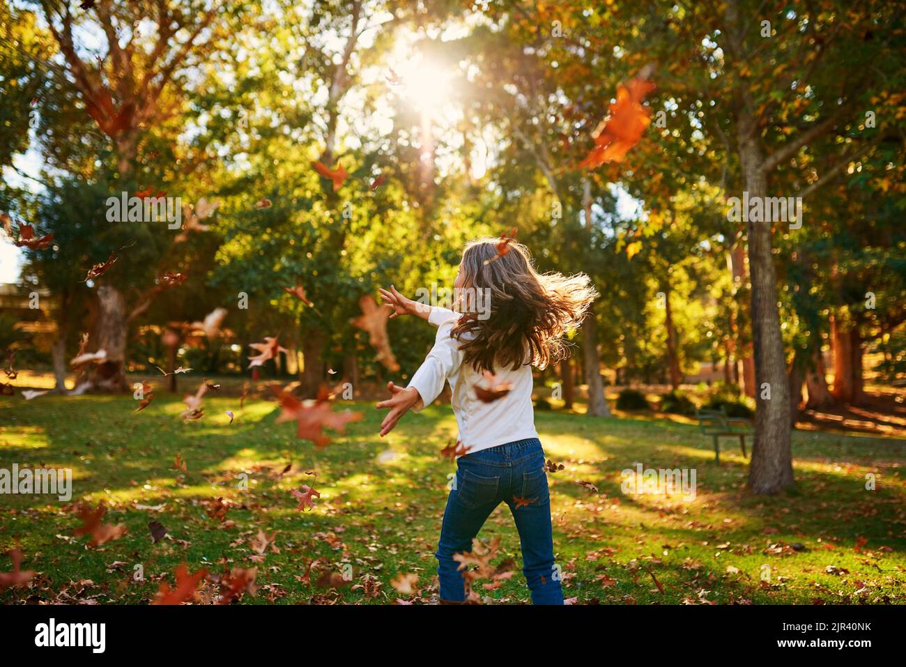 Nothing says fun like playing amongst the autumn leaves. a happy little girl playing in the autumn leaves outdoors. Stock Photo