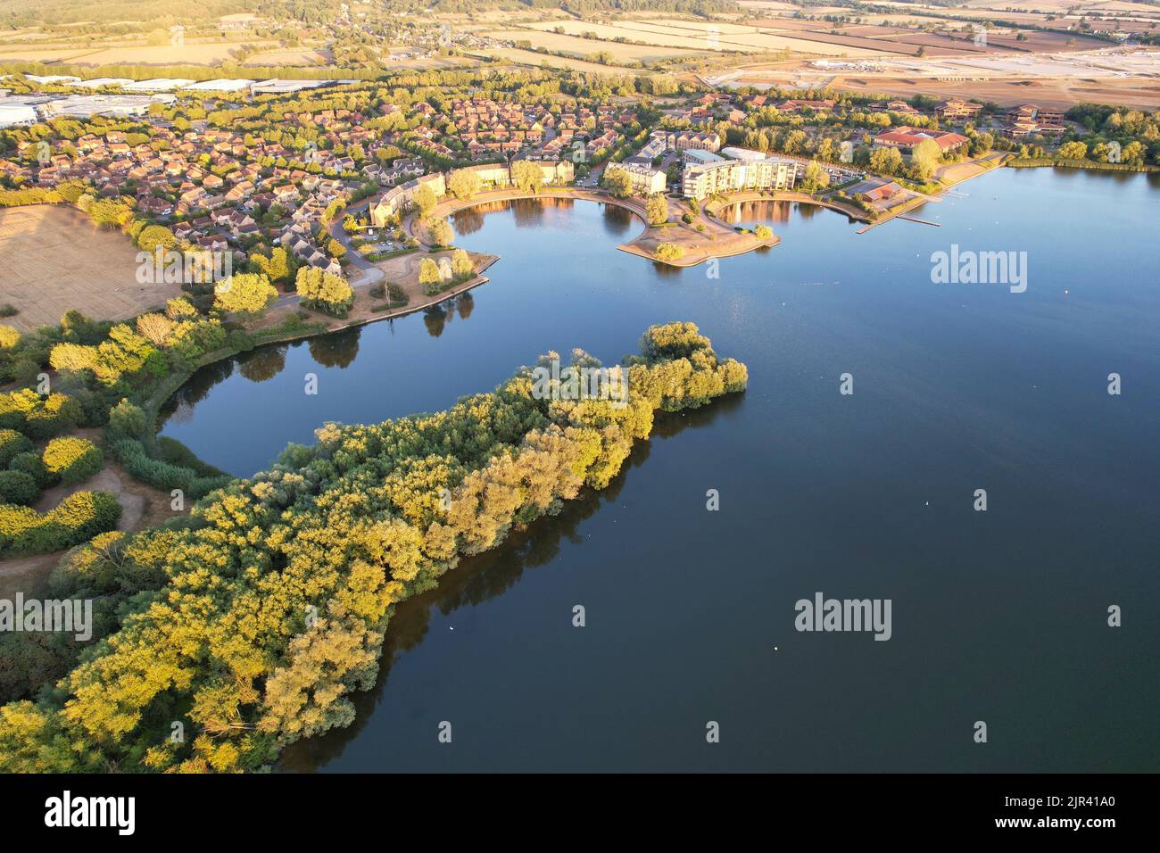 Aerial View of Beautiful Lake at Milton Keynes with People. Water