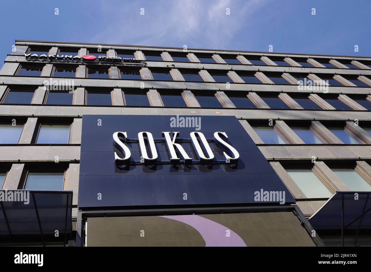 Helsinki, Finland - August 20, 2022: Exterior view of the sign at the Sokos department store located at the Mannerheim strret. Stock Photo