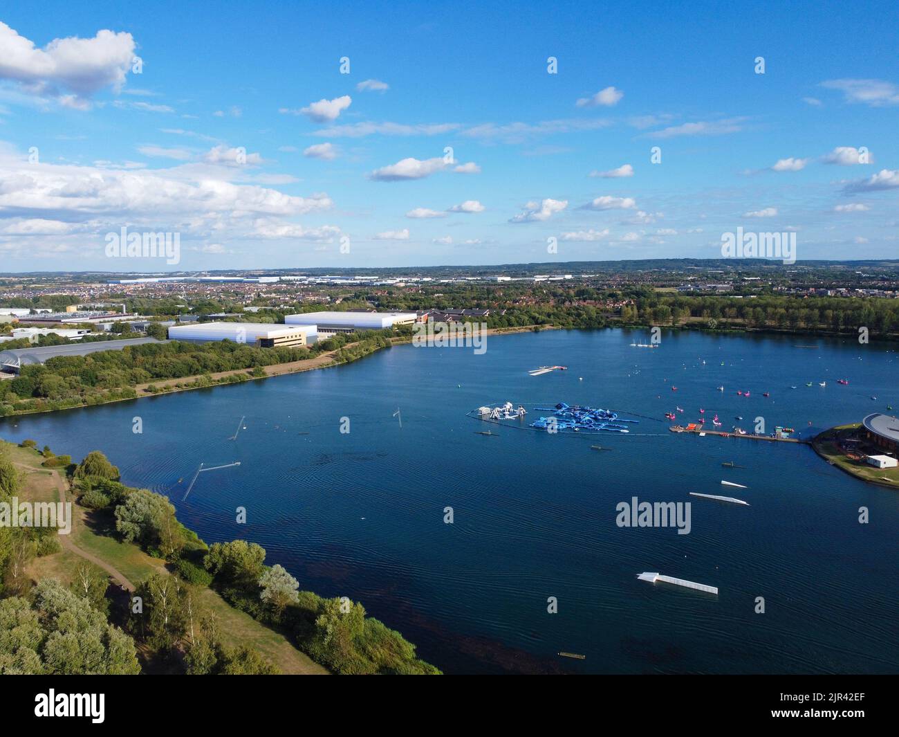 Aerial View of Beautiful Lake at Milton Keynes with People. Water