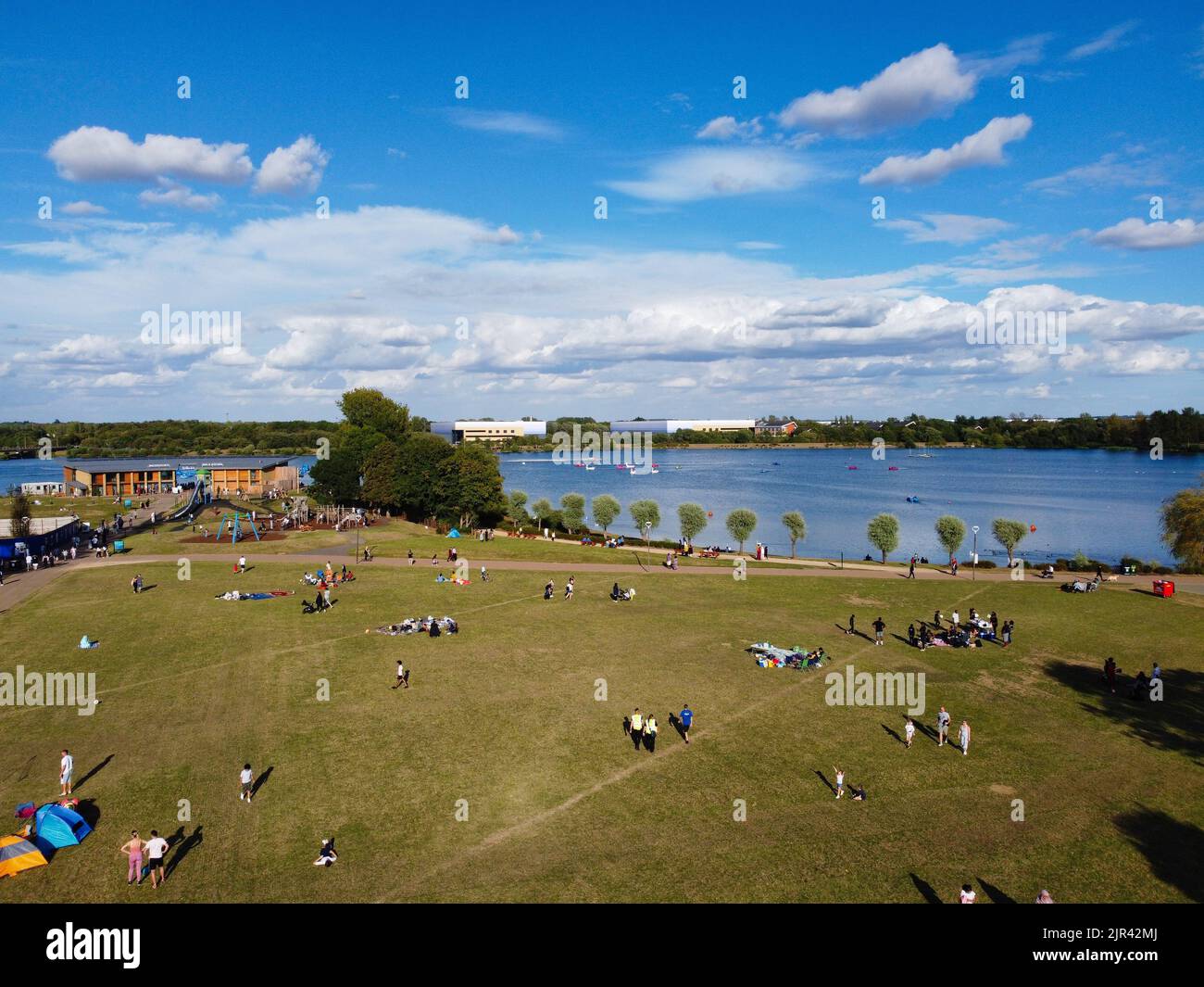 Aerial View of Beautiful Lake at Milton Keynes with People. Water