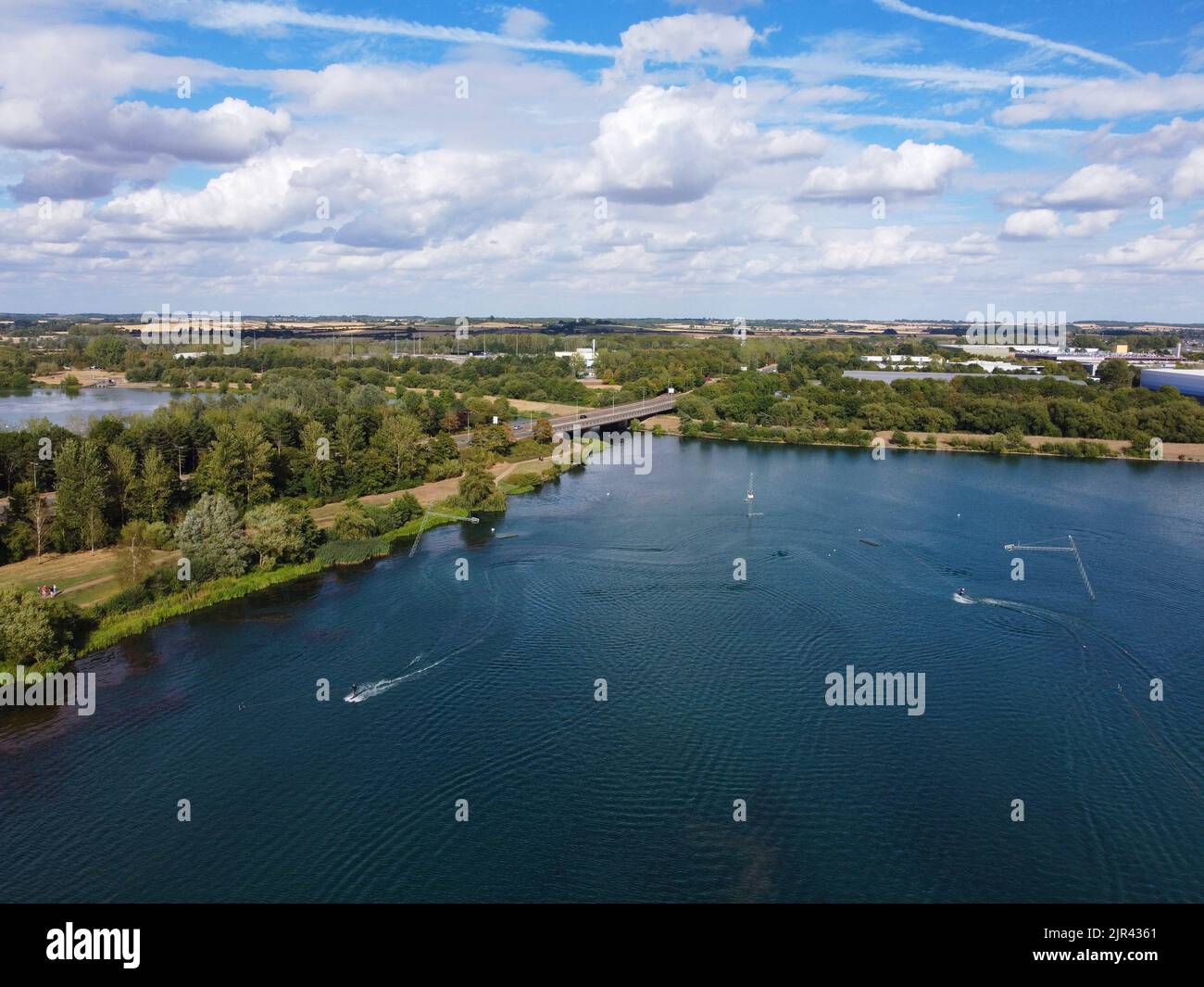 Aerial View of Beautiful Lake at Milton Keynes with People. Water
