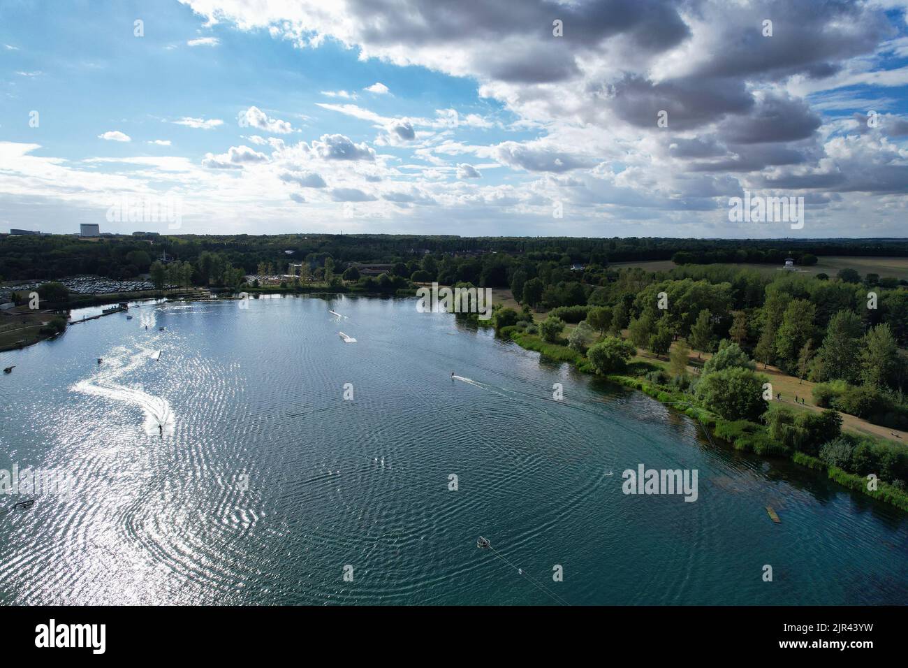 Aerial View of Beautiful Lake at Milton Keynes with People. Water