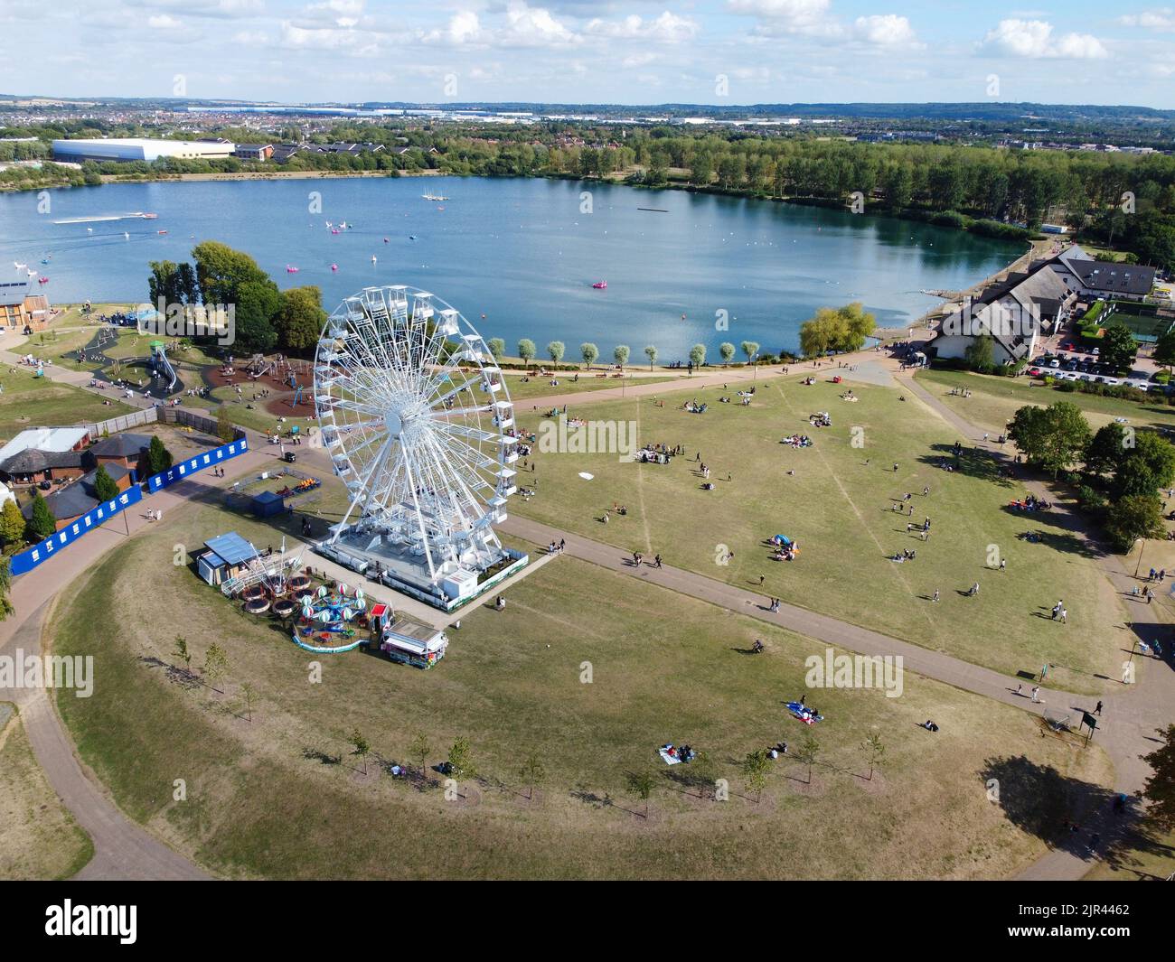 Aerial View of Beautiful Lake at Milton Keynes with People. Water