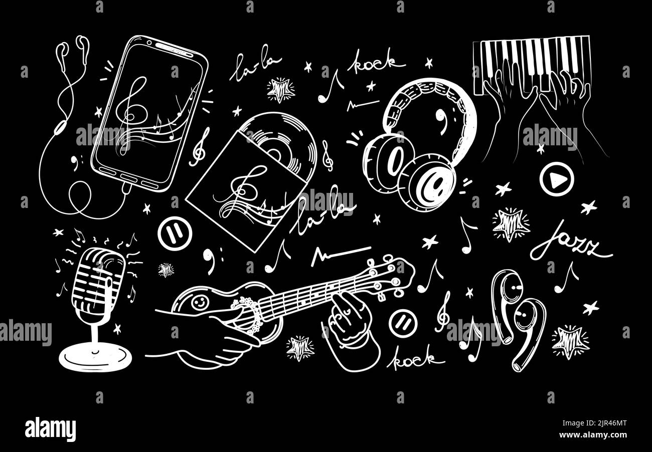 Set of hand-drawn musical elements in sketch style. Guitar, piano. Headphones, microphones, CDs, audio, vinyl, violin key with notes and recording ico Stock Vector