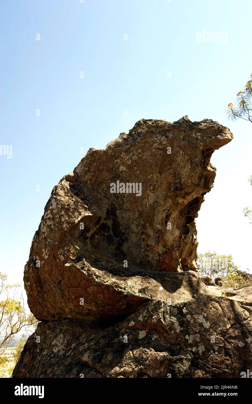 Hanging Rock (Mount Diogenes) has lumps of solidified lava scattered around the mountain.Some of them have names - this is Eagle Rock. Stock Photo