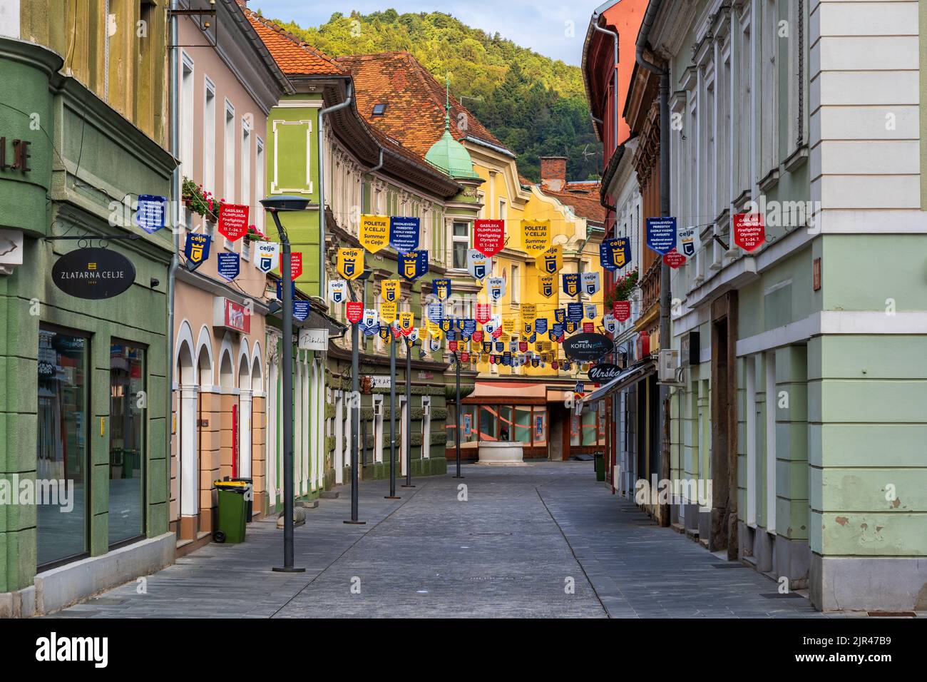 Celje, Slovenia - July 17, 2022: Presernova ulica (Presern Street) in the Old Town of Celje, early morning in historic city center. Stock Photo