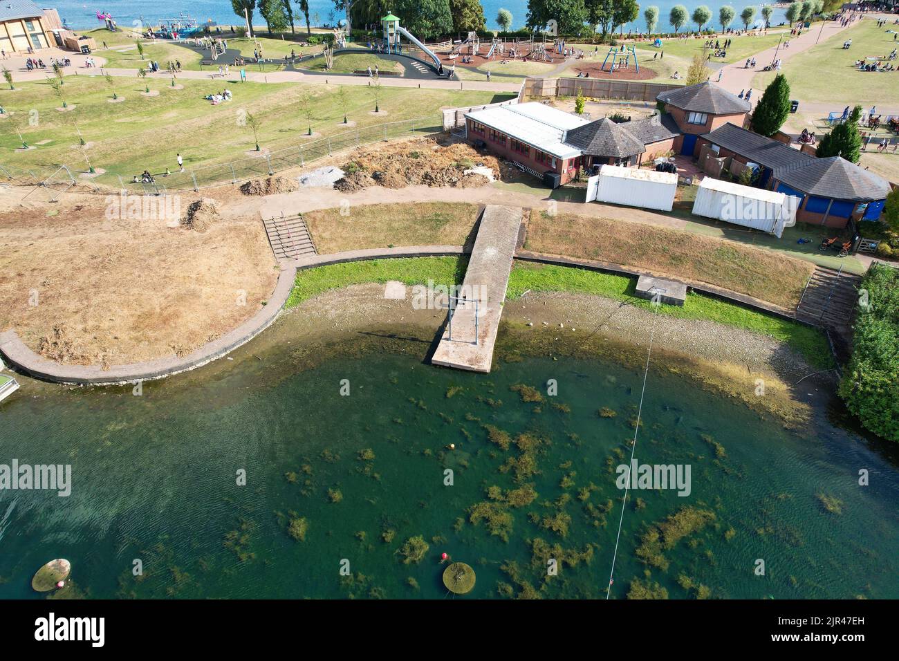 Aerial View of Beautiful Lake at Milton Keynes with People. Water
