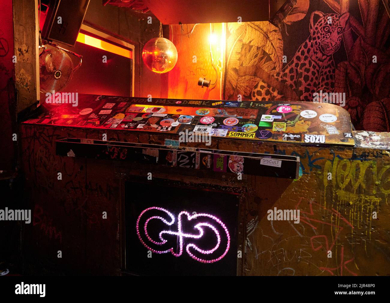 Berlin, Germany. 18th Aug, 2022. The DJ booth during a tour through Berlin