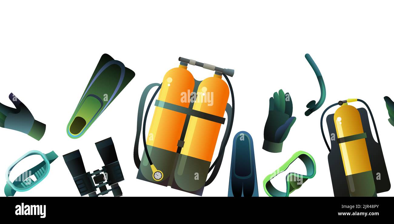 Diving kit with oxygen tank in mask and fins. Set of equipment for swimming and diving. Horizontal seamless border. Object isolated on white backgroun Stock Vector