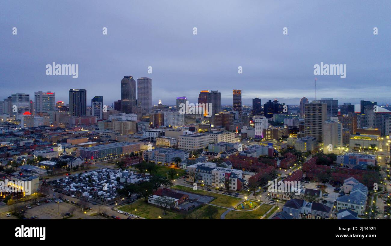 The downtown New Orleans skyline at sunset Stock Photo Alamy
