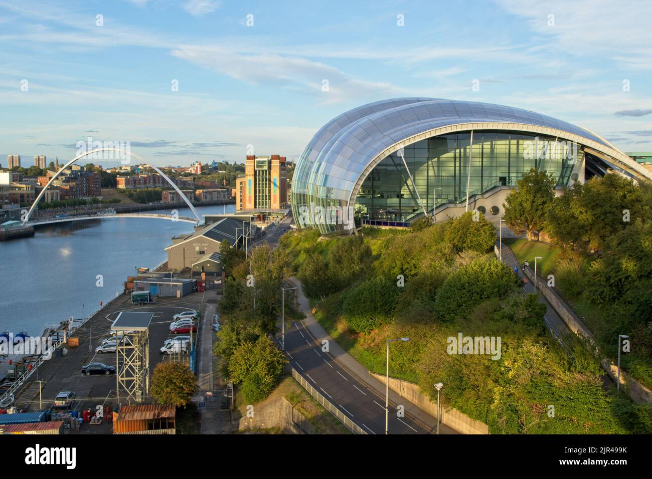 Sage Gateshead is a concert venue and musical education centre in Gateshead on the River Tyne in North East England.  Captured in early evening golden Stock Photo
