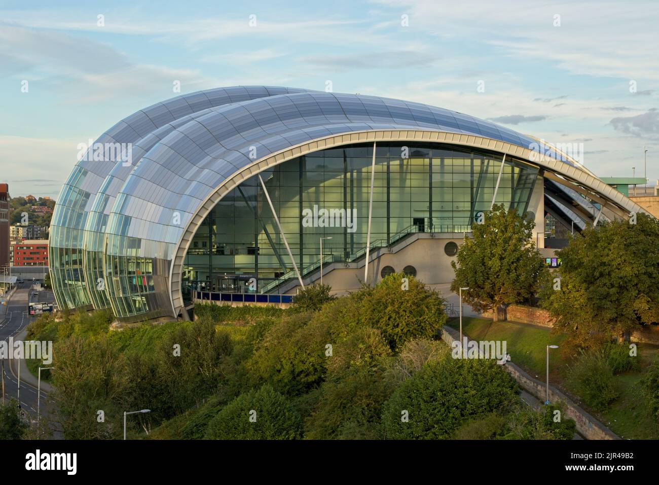 Sage Gateshead is a concert venue and musical education centre in Gateshead on the River Tyne in North East England.  Captured in early evening golden Stock Photo