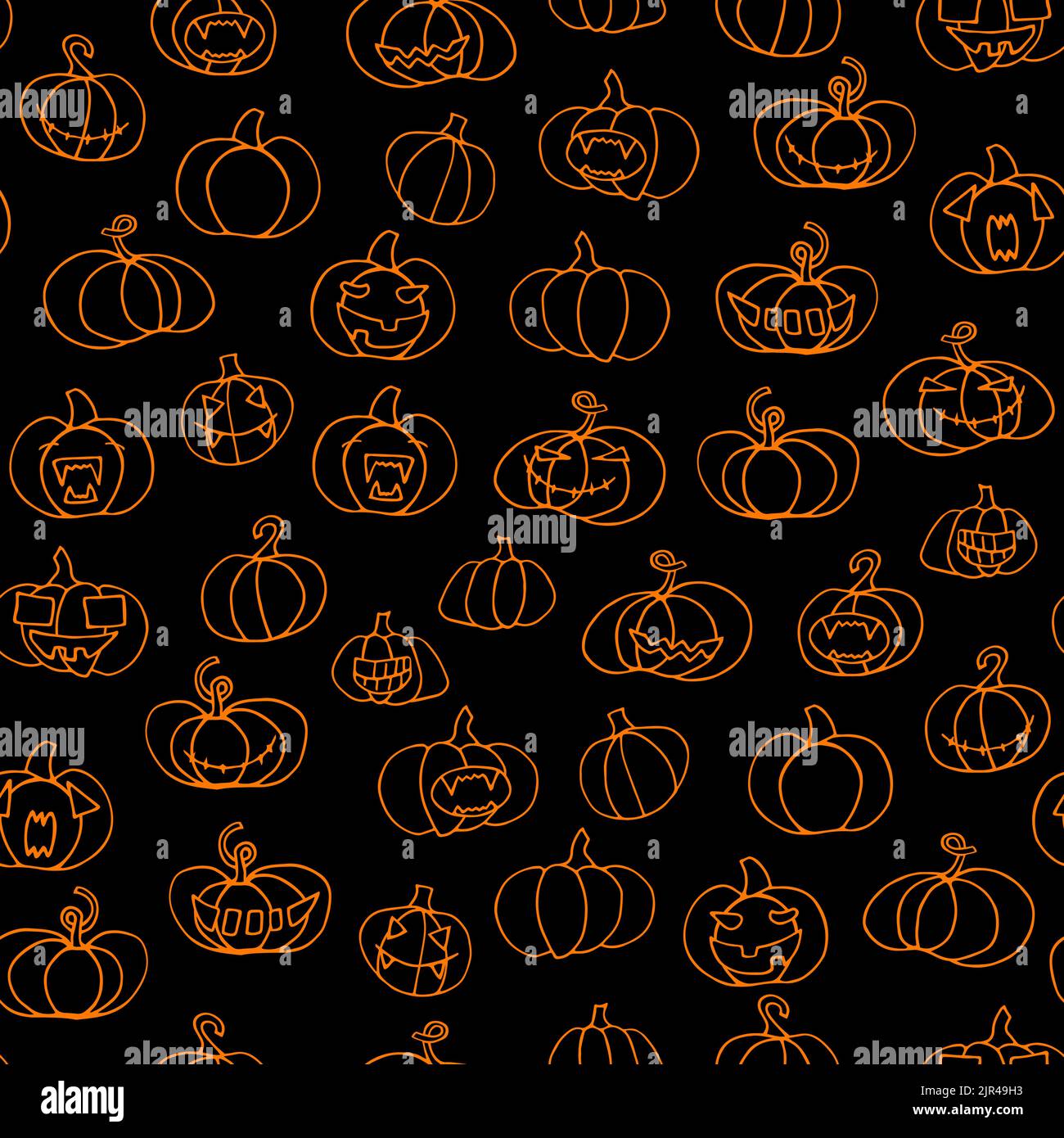 Seamless Halloween scary pumpkins pattern. Orange Funny, creepy, smiling face on black backgrounds. Doodle Autumn characters. Happy Halloween symbol. Stock Vector