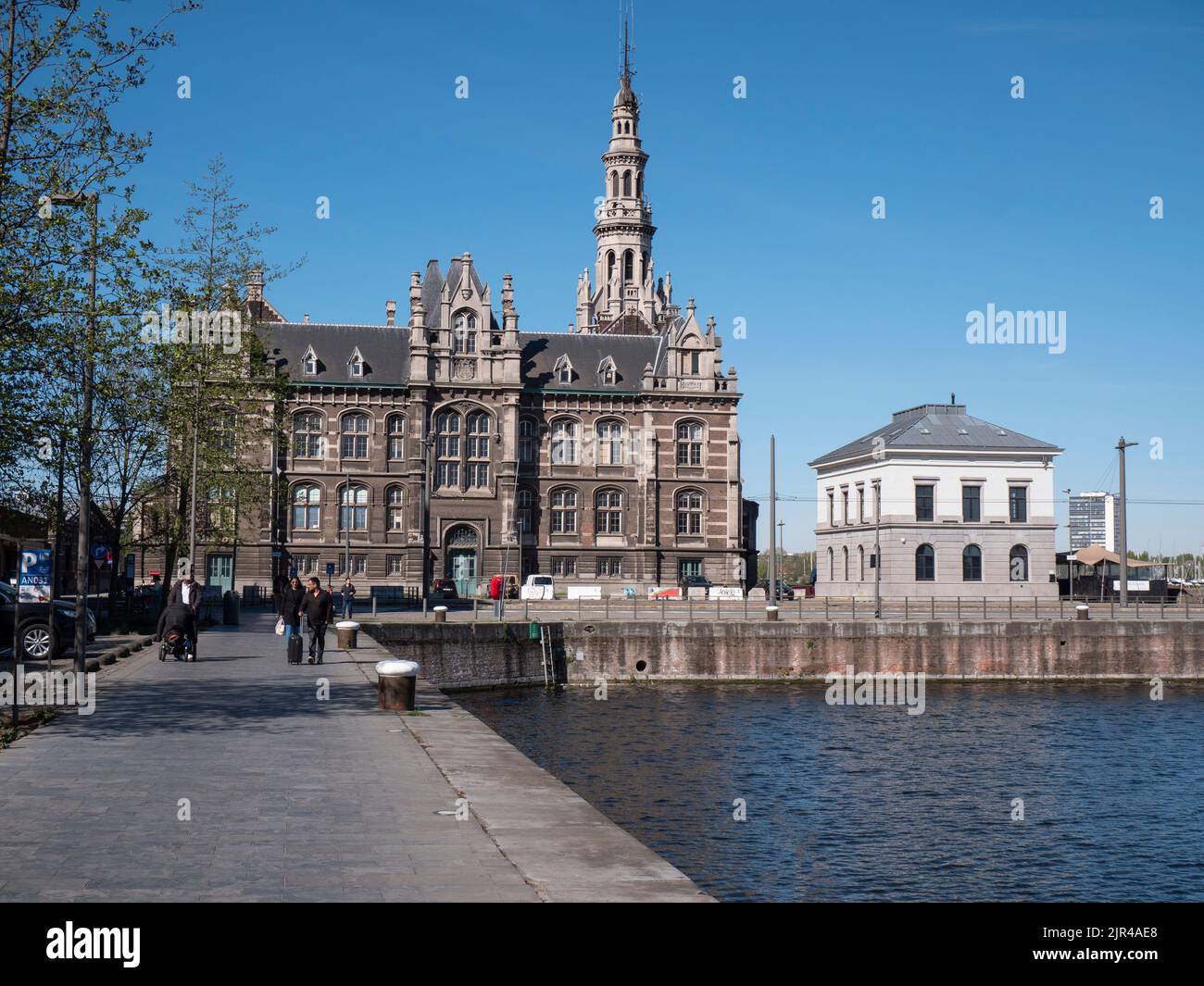 Antwerp, Belgium, April 17, 2022, People walking at the Bonaparte dock on the Tavenierskaai in Antwerp Stock Photo