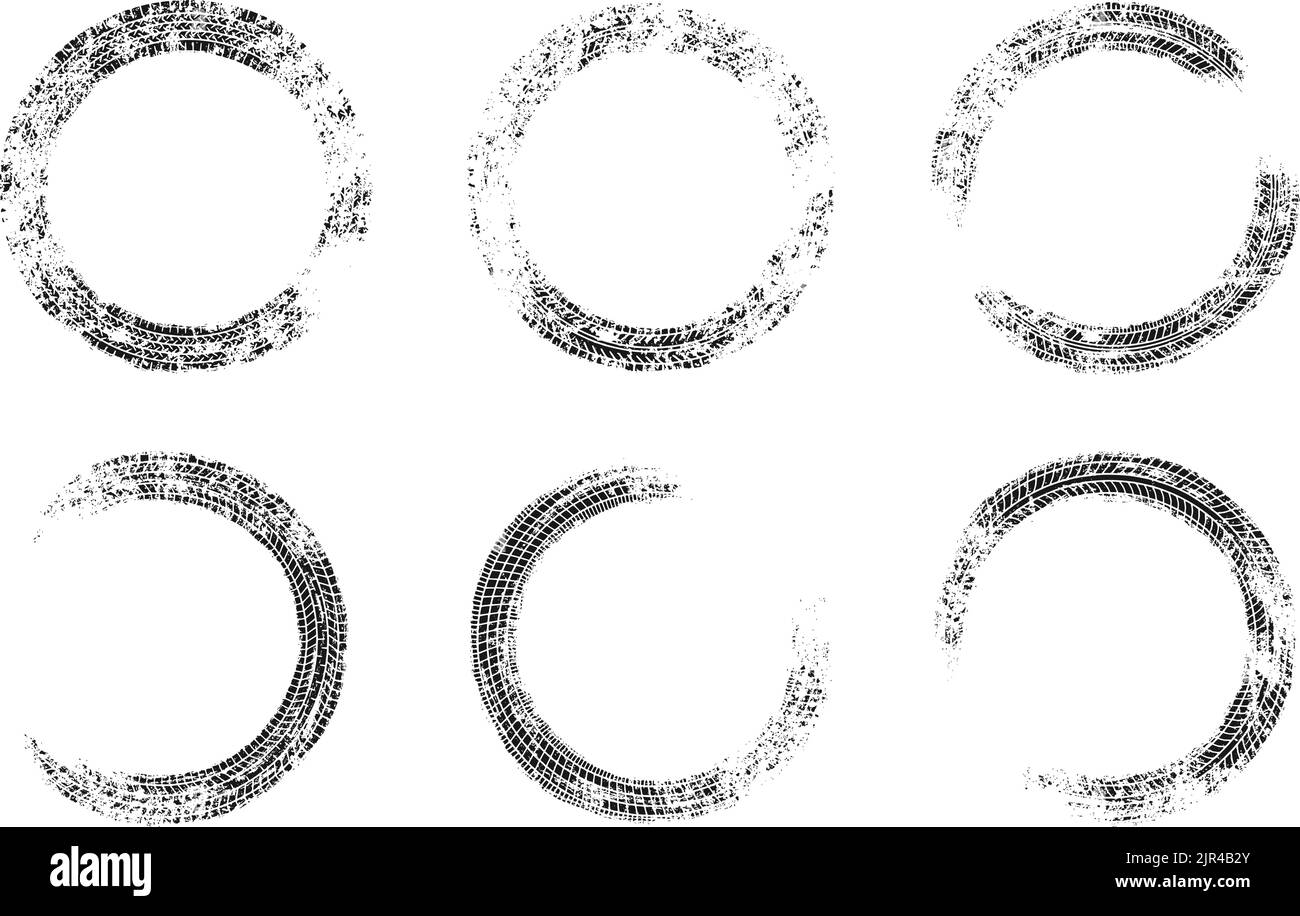Auto tire tread grunge circle frames set. Car and motorcycle tire