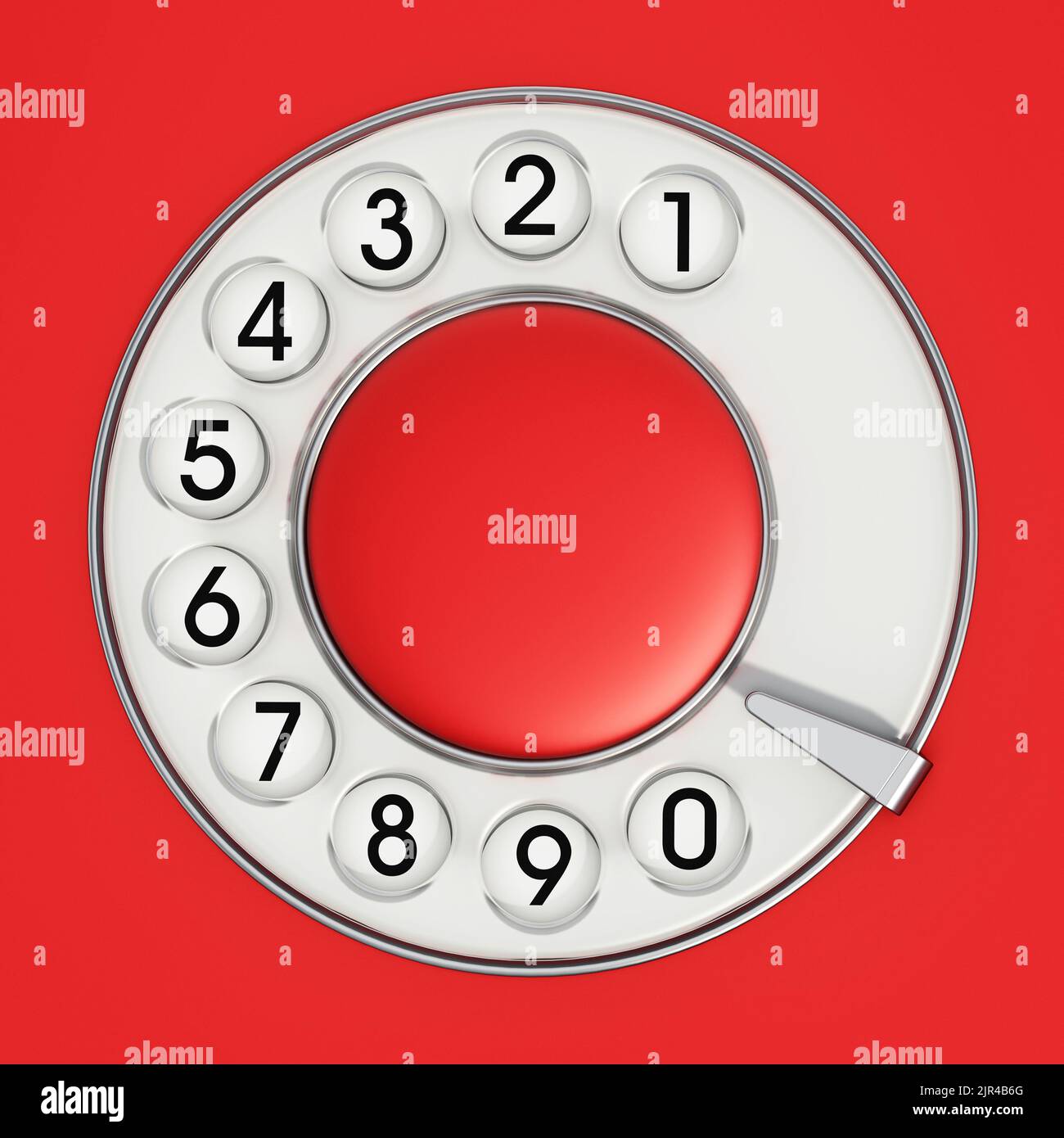 Red rotary dial of an analogue telephone. 3D illustration. Stock Photo