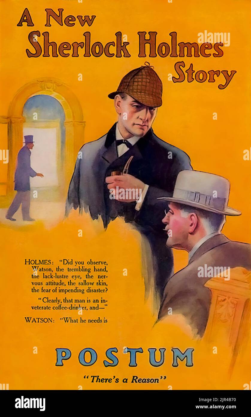 An advertisement for the coffee substitute Postum featuring Sherlock Holmes and Dr. Watson, published in Judge magazine, December 26, 1914 issue.  Postum was created in 1895 and as of 2022 was still available.   Judge Magazine was first issued in 1881 and ceased publication in 1947. Stock Photo