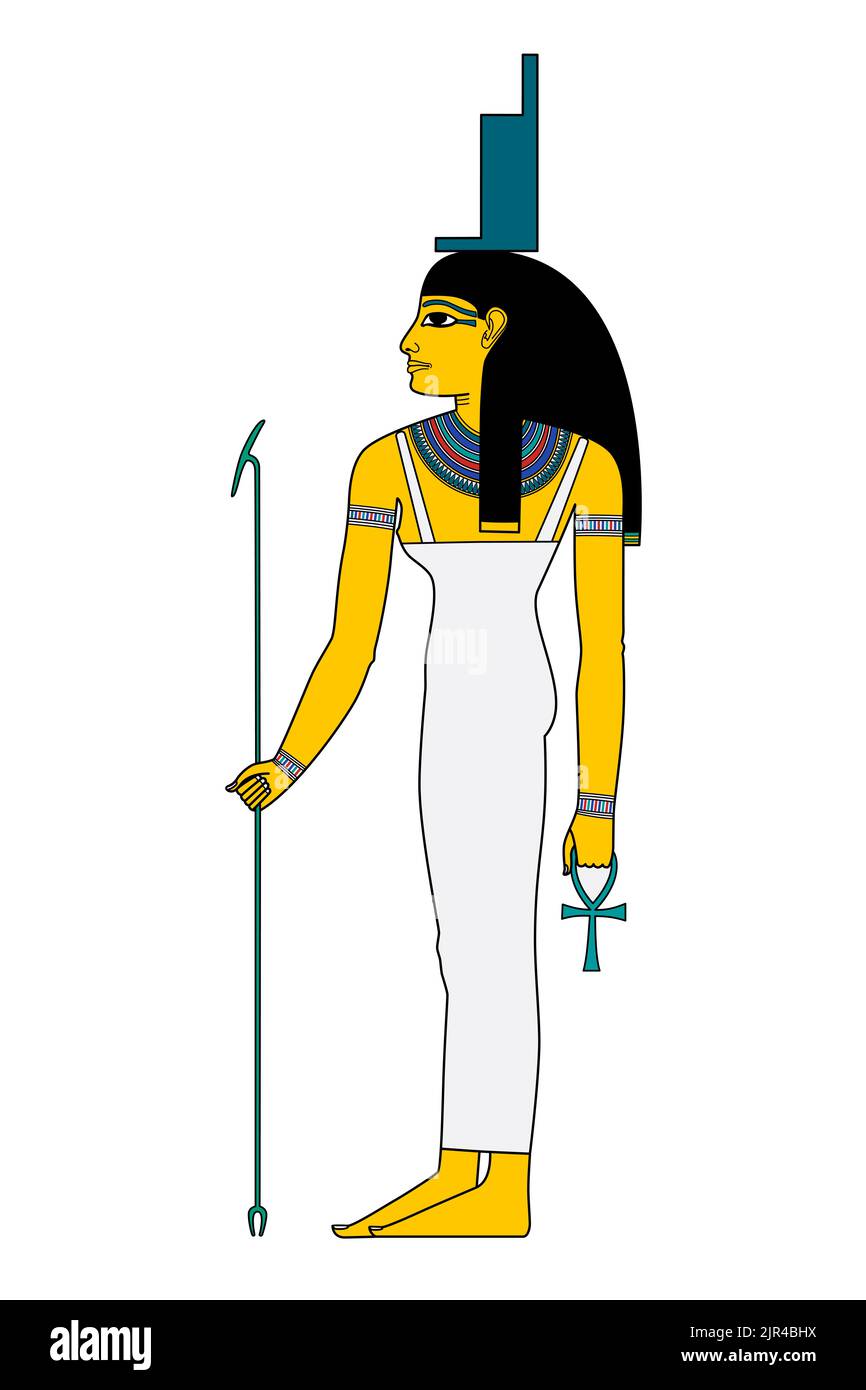 Isis, goddess in ancient Egypt religion, wearing a sheath dress and a throne hieroglyph on her head, holding a was sceptre and an ankh. Stock Photo