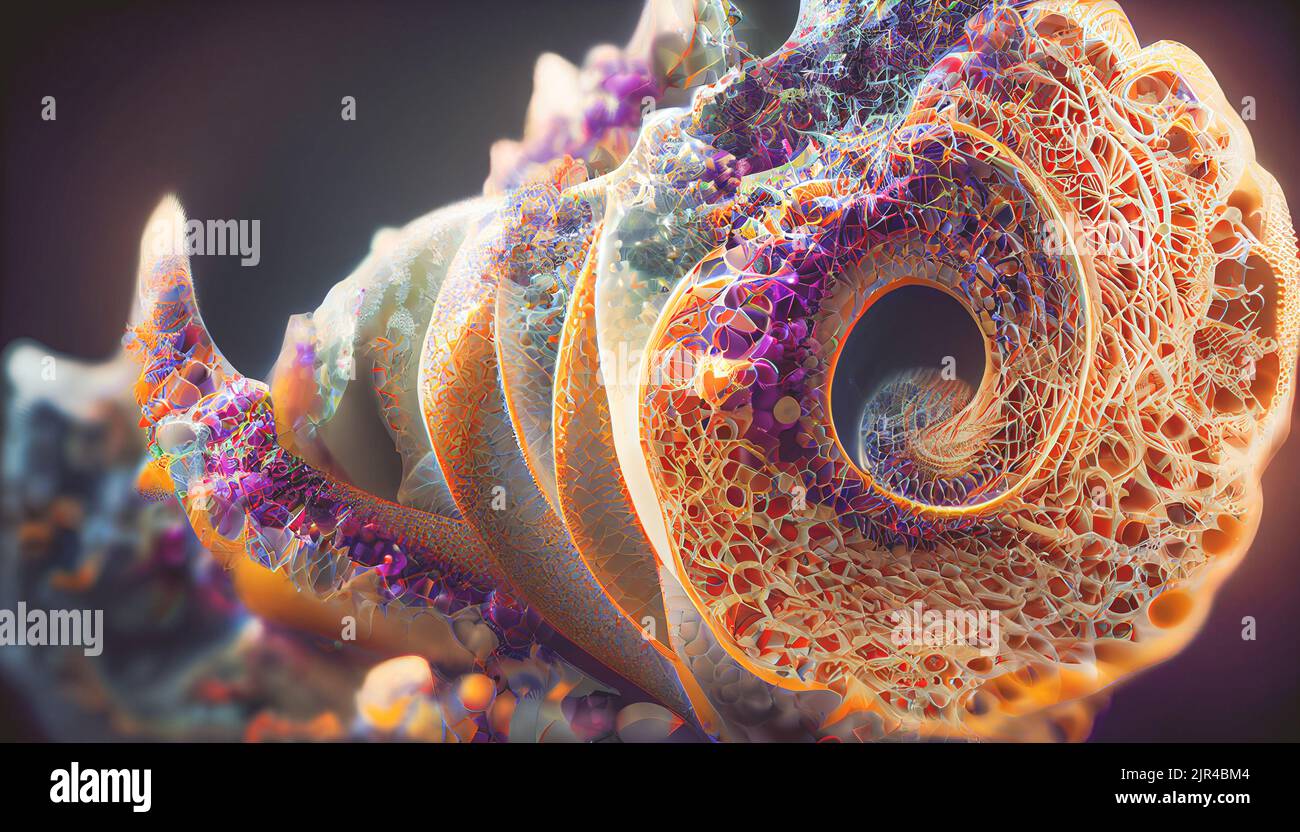 Colorful abstract fibonacci fractalized background inspired by biological microstructures. HD Wallpaper 3D Render Stock Photo