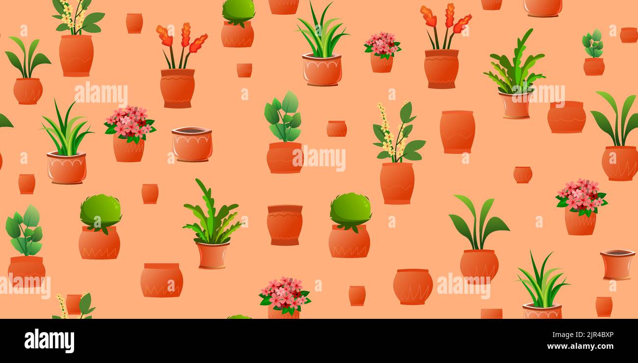 Indoor plants and flowers. Seamless pattern. In ceramic pots. Homemade beautiful herbs. Cartoon fun style. Vector. Stock Vector