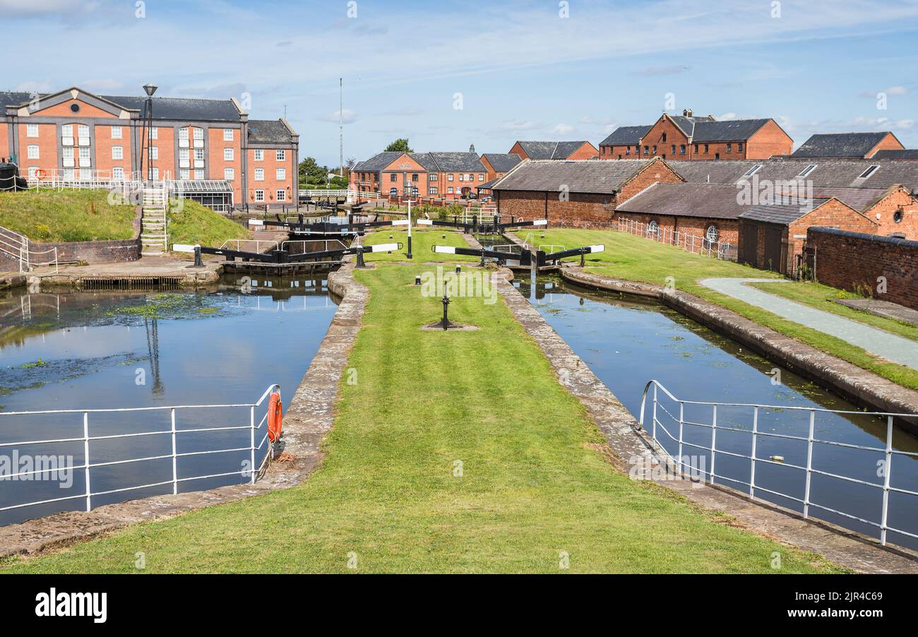 Colourful image of the canal locks at Ellesmere Port, Cheshire seen on a bright day in August 2022. Stock Photo